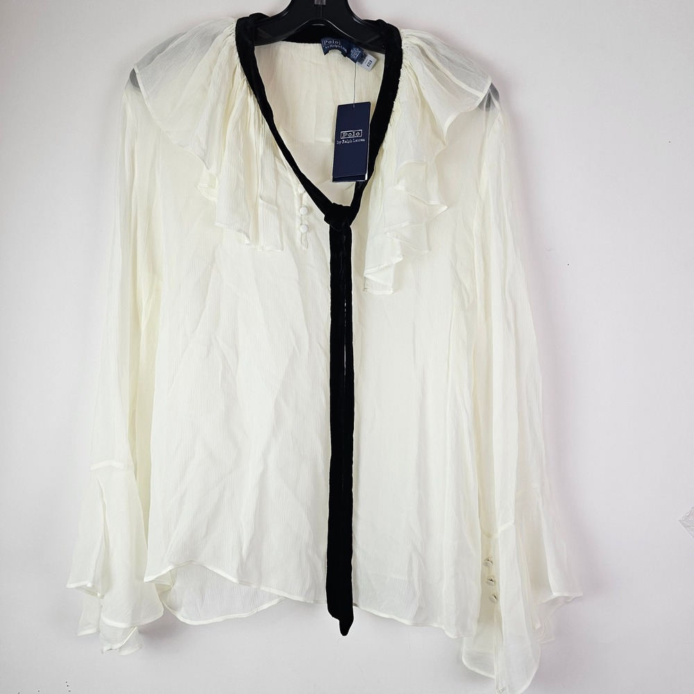 Polo Ralph Lauren White Ruffle Velvet Tie Blouse Size 6 NWT $348 Sheer Victorian